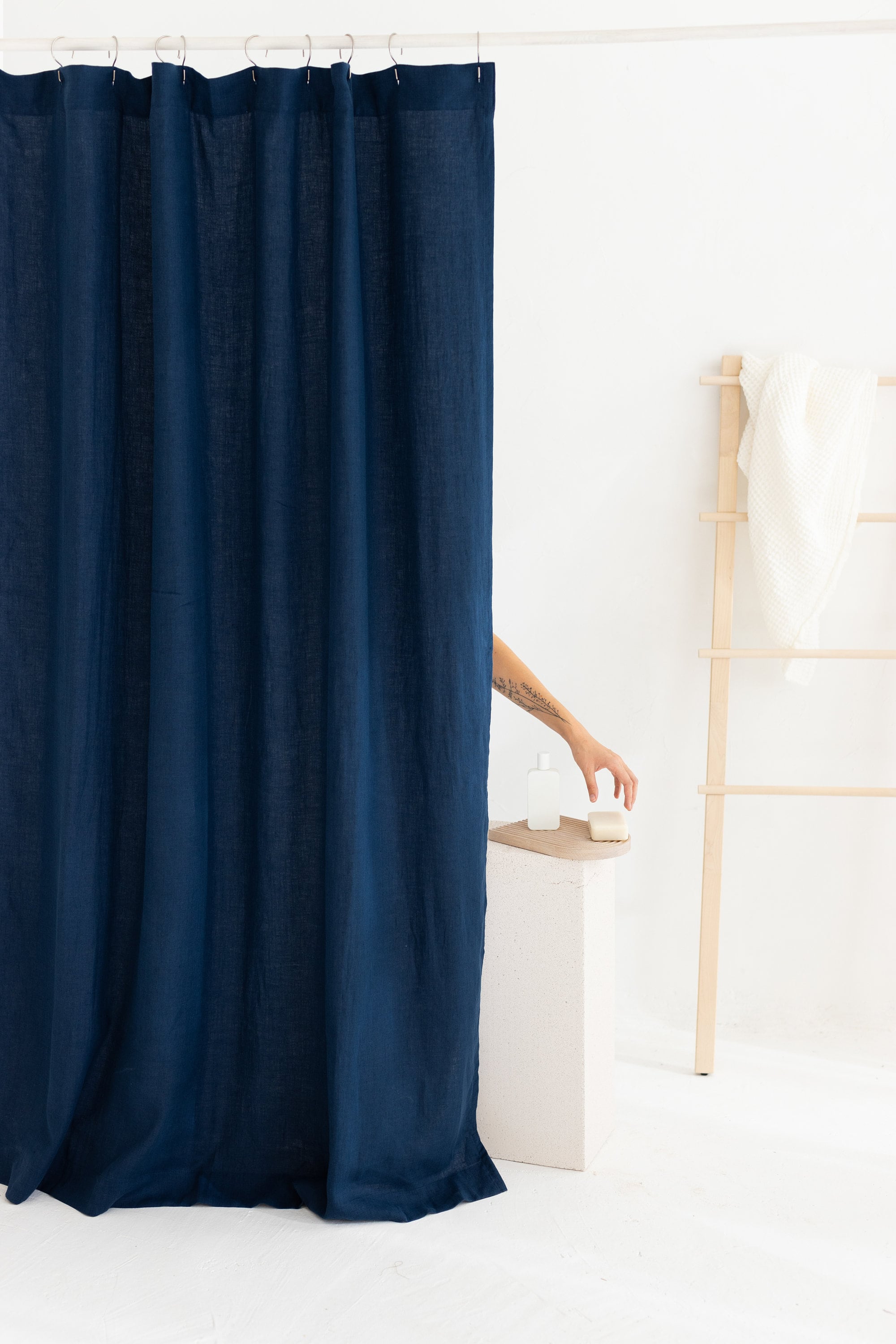 Waterproof Steel Blue Linen Shower Curtain 140CM / 55&