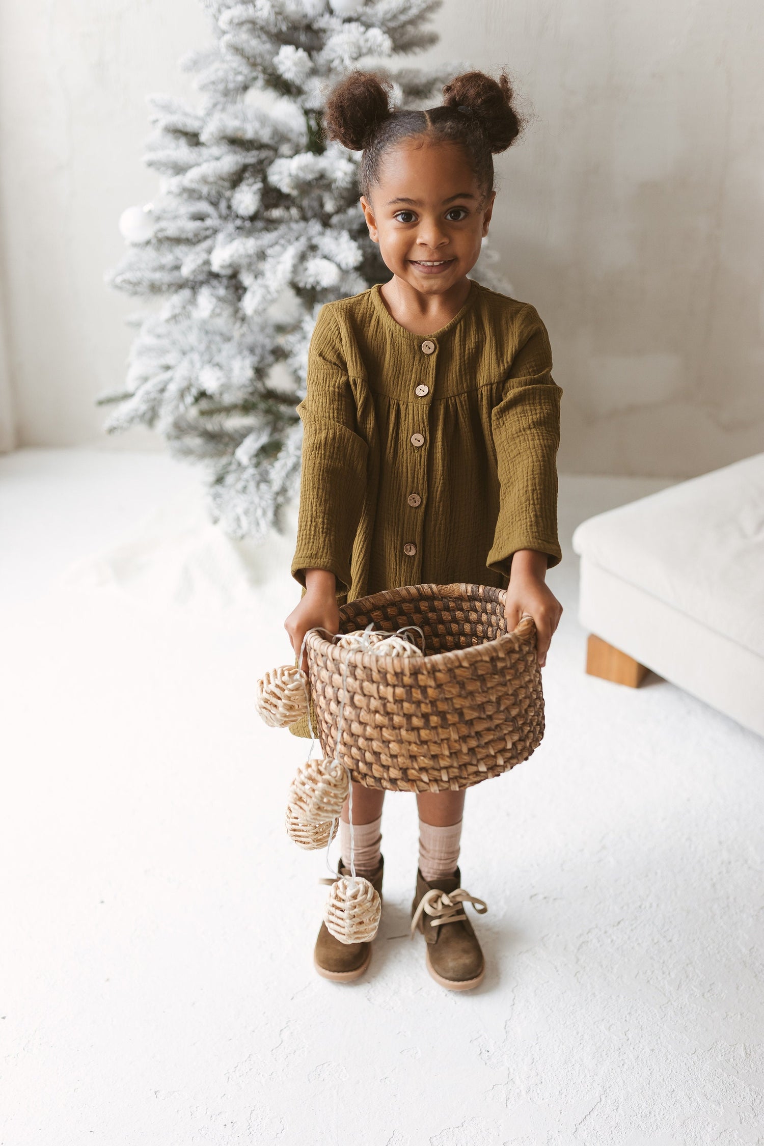 Olive Green Muslin Girls Dress