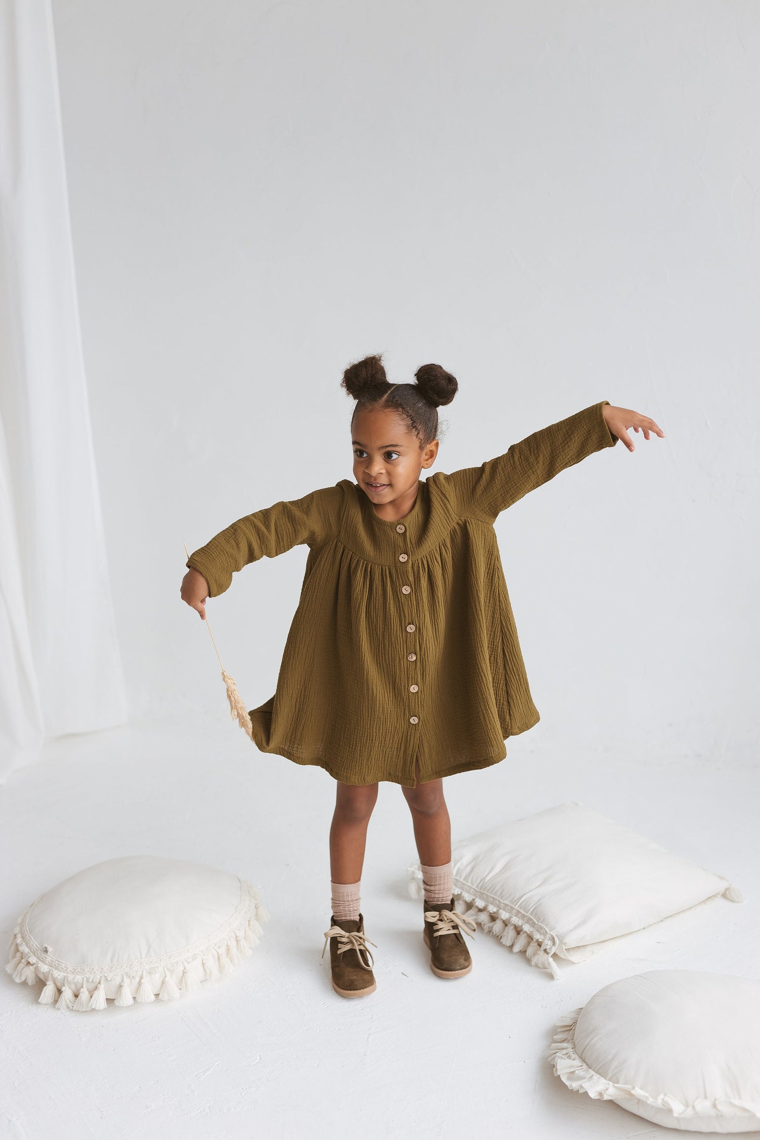 Olive Green Muslin Girls Dress