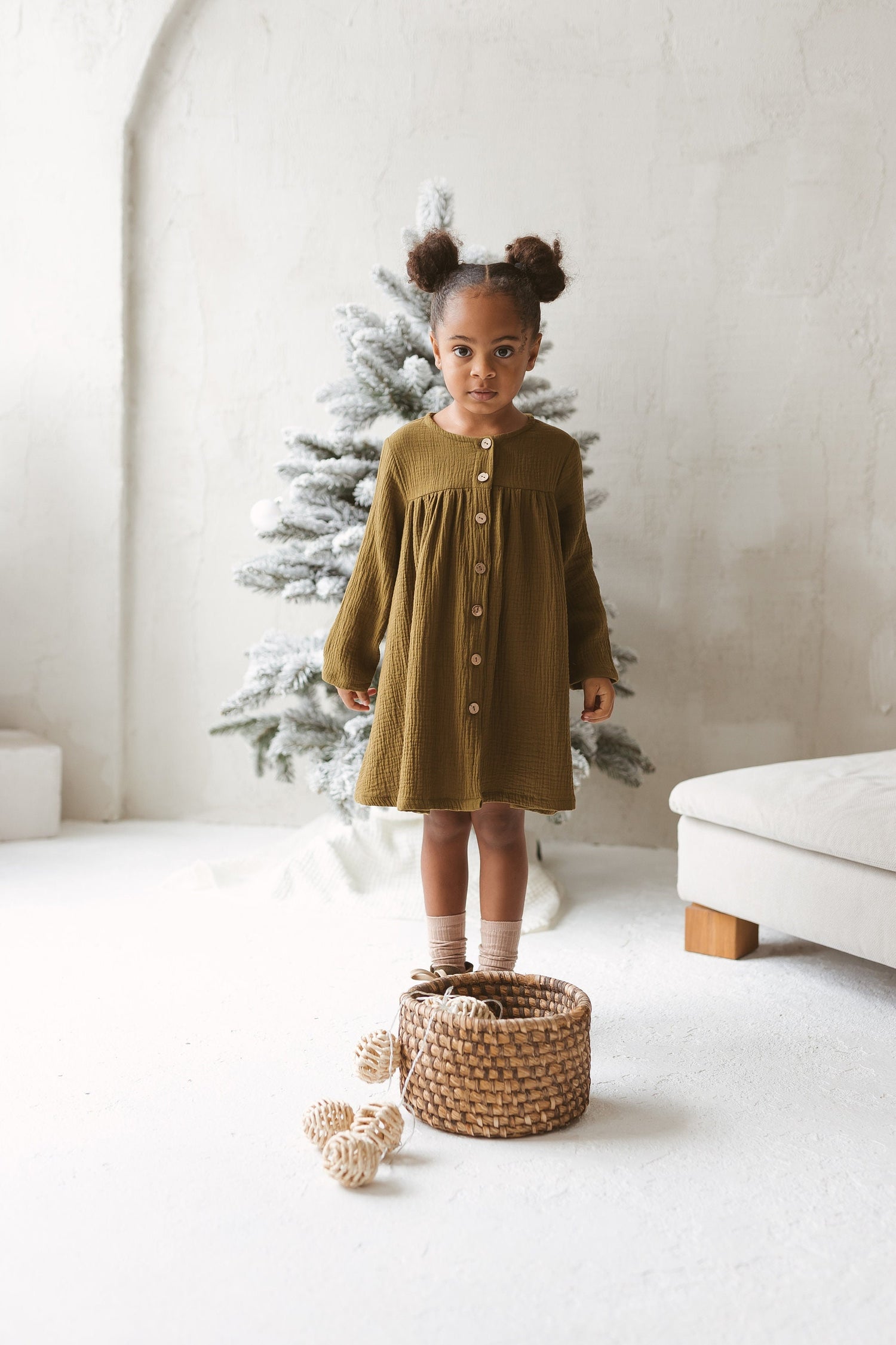 Olive Green Muslin Girls Dress