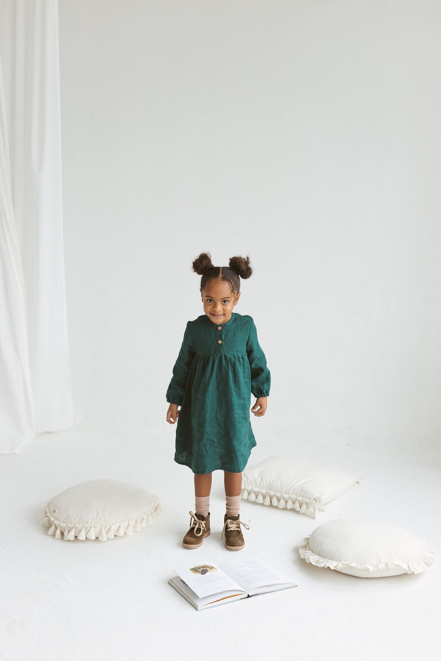 Emerald Linen Girls Dress