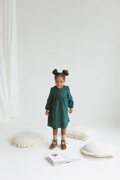 Emerald Linen Girls Dress
