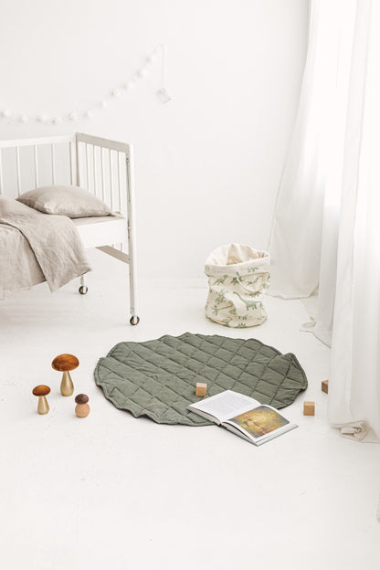 Plum Safari Green Round Linen Quilted Rug