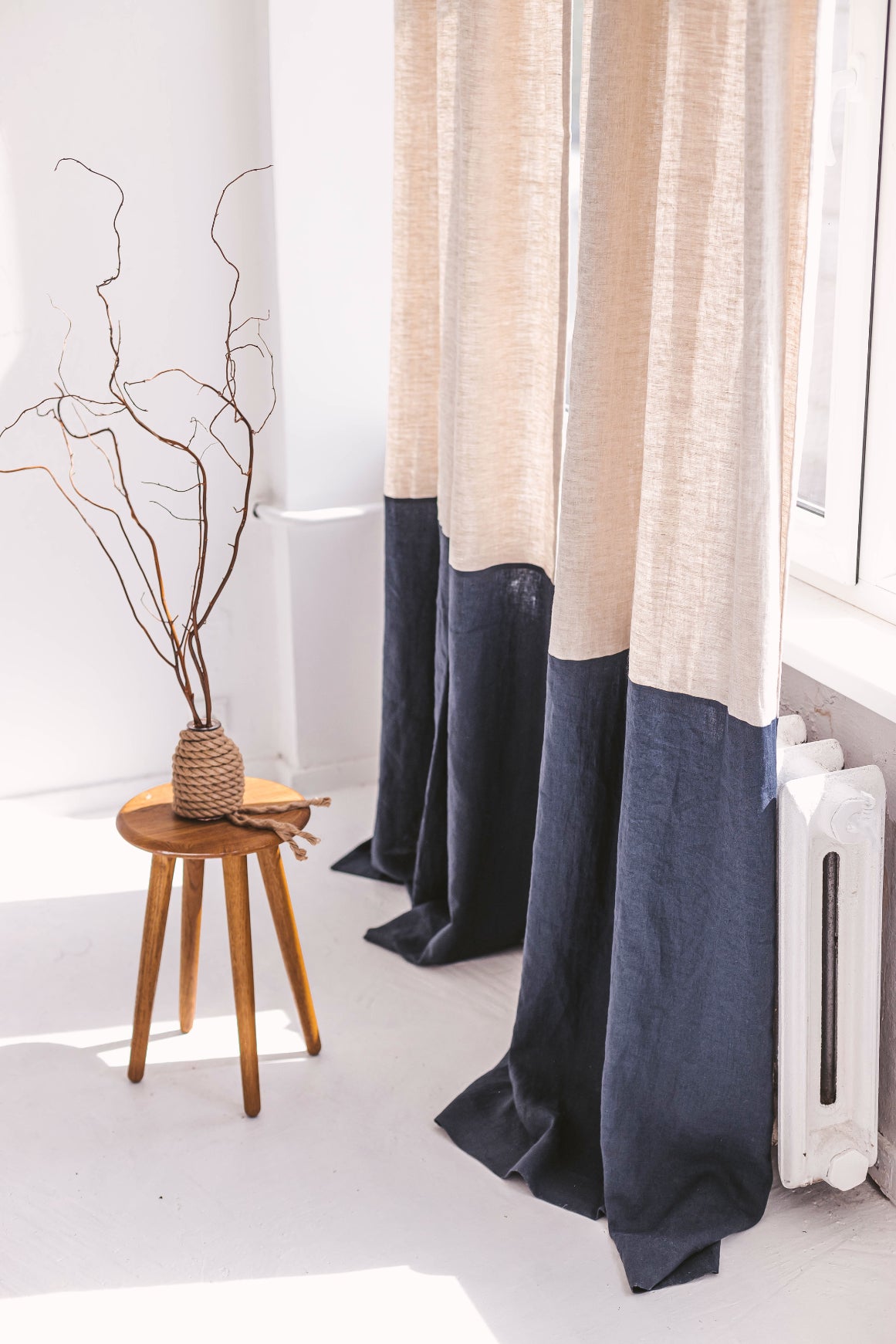 Natural light and Dark teal Color Block Linen Curtain