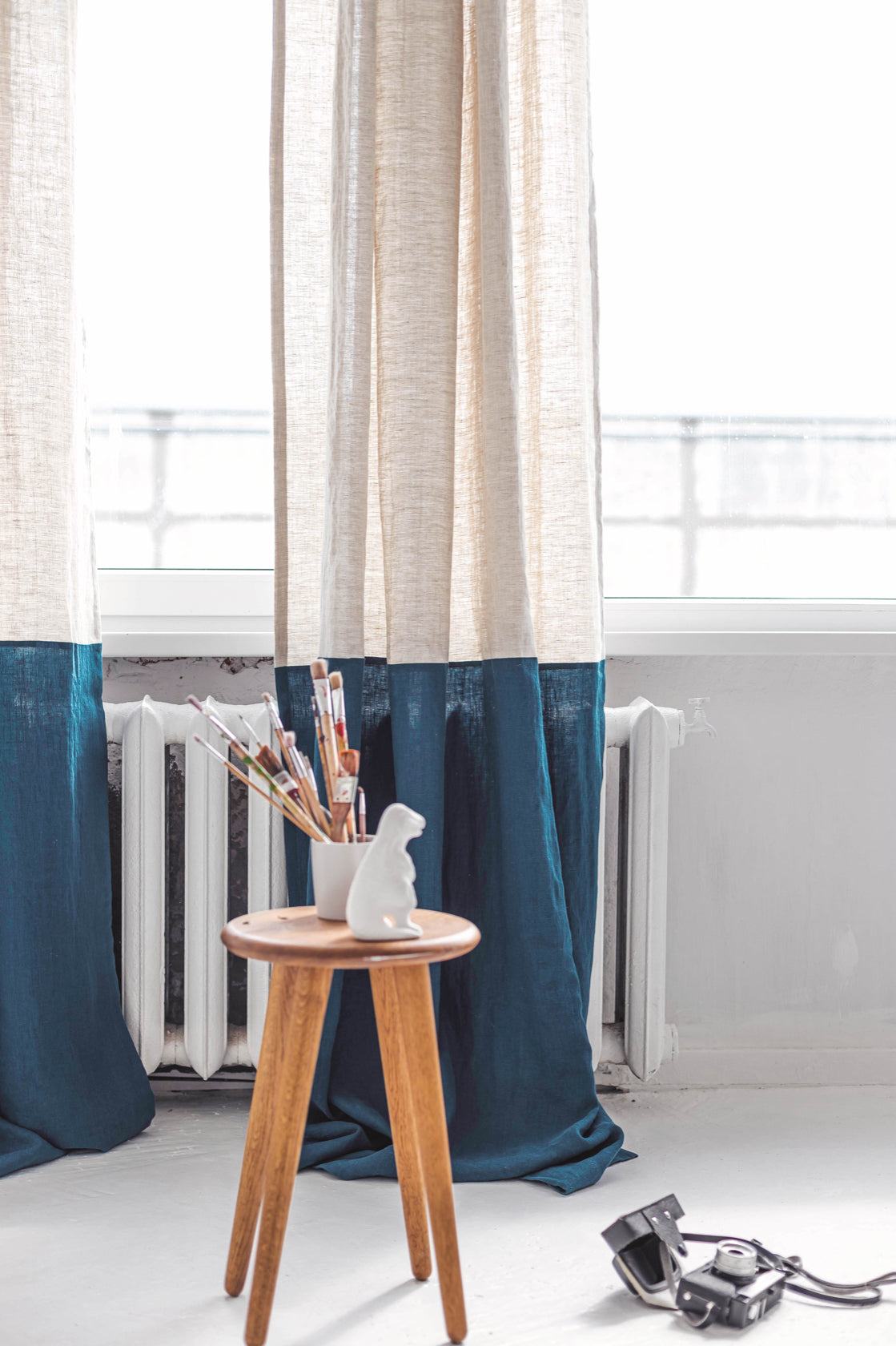 Natural light and Dark teal Color Block Linen Curtain