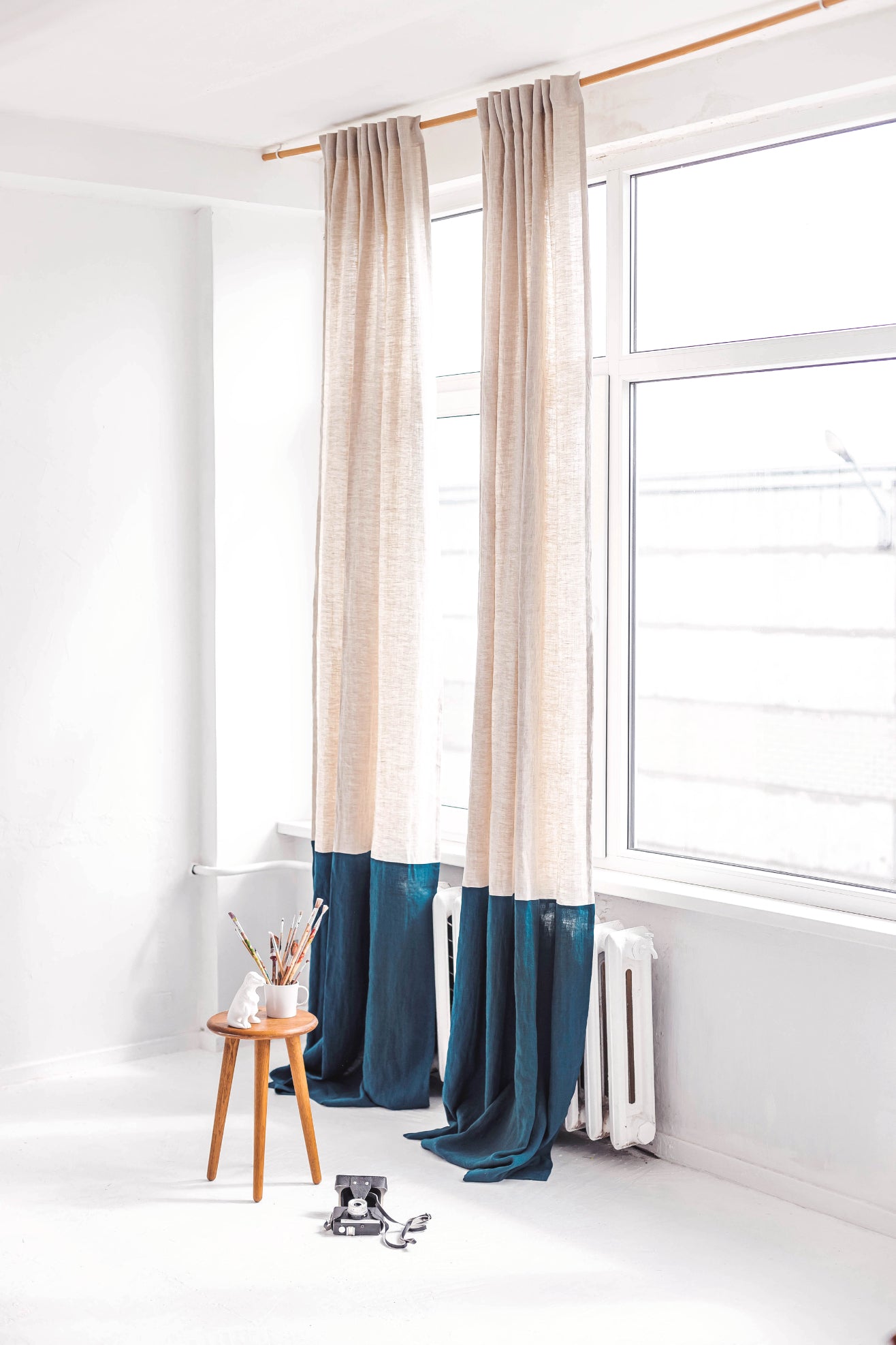 Natural light and Dark teal Color Block Linen Curtain